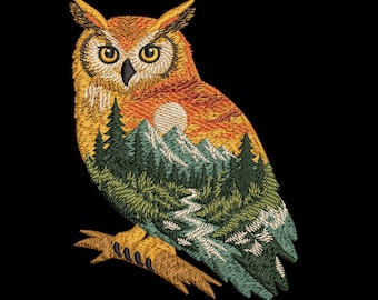 May include: An embroidered patch featuring an owl silhouette filled with a landscape scene. The design includes a bright orange sunset, snow-capped mountains, a dense green pine forest, and a winding river, all set against a solid black background.