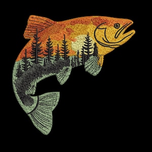 May include: Embroidered patch of a leaping fish with a sunset and forest scene inside. The fish is orange and yellow, with a green and black forest design. The background is black.
