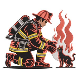 May include: An embroidered design featuring a firefighter kneeling before a black cat, with flames in the background. The firefighter is wearing a red helmet and black uniform with yellow stripes. The cat is looking up at the firefighter.