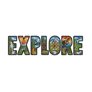 Puede incluir: Un diseño bordado con la palabra EXPLORE en letras negras gruesas. Cada letra contiene una escena al aire libre detallada con montañas, bosques, una cascada, una brújula, una tienda de campaña y un excursionista, en tonos vivos de verde, azul y naranja.