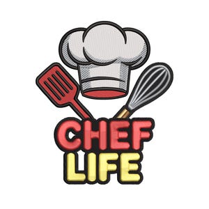 Broderidesign med kockliv, kockmössa, spatel, visp, kök, förkläde, maskinbroderi för kulinariskt bruk