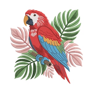 May include: Embroidered design of a vibrant red macaw perched on a branch, surrounded by green and pink tropical leaves. The bird features blue, yellow, and green accents. The design is set against a white background.