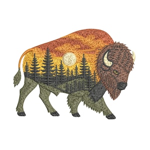 May include: Embroidered bison design featuring a sunset and forest scene within its silhouette. The bison is brown, tan, and green, with detailed texture. The sunset includes orange, yellow, and a full moon. The forest is dark green.