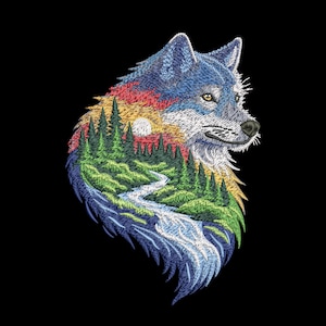 May include: Embroidered image of a wolf's head with a colorful landscape design. The wolf is blue and white, with a forest, river, and sunset scene inside its silhouette. The background is black.