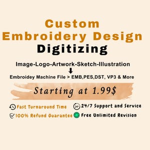 May include: An advertisement for custom embroidery design digitizing services. The text includes "Custom Embroidery Design Digitizing" and "Image-Logo-Artwork-Sketch-Illustration." Additional text highlights fast turnaround, 24/7 support, a refund guarantee, and unlimited revisions.