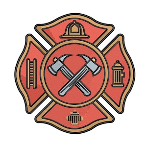 May include: Embroidered firefighter Maltese cross patch. The design features a red cross with gold trim, a central circle with crossed axes, and symbols of firefighting: a helmet, ladder, and fire hydrant.