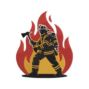 May include: Embroidered patch showing a firefighter in uniform, holding an axe, with flames in the background. The design uses black, yellow, and red thread. The firefighter is in a heroic pose. The patch is suitable for clothing or accessories.