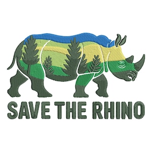 Op de afbeelding: Geborduurd ontwerp met een silhouet van een neushoorn, gevuld met een landschap van bomen en heuvels in groen, geel en blauw. De tekst "SAVE THE RHINO" staat eronder.