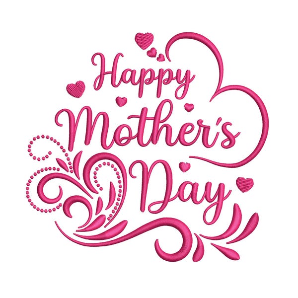 Happy Mother's Day borduurontwerp, roze bloemen hart Script Machine borduurwerk digitaal gedigitaliseerd bestand