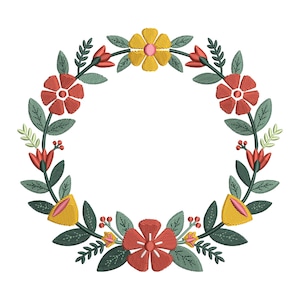 Könnte beinhalten: Gesticktes Blumenkranz-Design mit roten, gelben und rosa Blüten, grünen Blättern und Stielen. Der kreisförmige Kranz eignet sich für Stickereien, Karten oder Bastelarbeiten. Das Design befindet sich auf weißem Hintergrund.