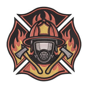 Op de afbeelding: Geborduurde patch met een ontwerp van een Maltese kruis van een brandweerman. De patch bevat een brandweerhelm, een ademhalingsapparaat en gekruiste bijlen, tegen een achtergrond van vlammen. Het kleurenpalet omvat rood, oranje, geel, zwart en grijs.