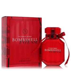 May include: A red perfume bottle and box set. The box and bottle are both red with the words "Bombshell Intense" printed on them. The bottle has a red ribbon tied around the neck. The bottle contains 1.7 fl oz of perfume.