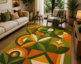 Hand Tufted Wool Rug – Green Terracotta Geometric, Mid-Century Modern