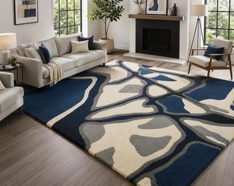 Abstract Hand-Tufted Area Rug | Blue, Cream & Grey | Modern Home Decor