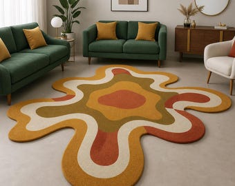 Hand Tufted Wool Area Rug | Modern Abstract, Mustard Terracotta