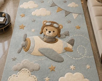 Alfombra de avión con osito de peluche, alfombra suave de pelo largo para guardería, decoración para habitación infantil.