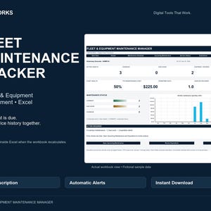 May include: A digital Fleet Maintenance Tracker spreadsheet for Excel by TGM Works. The interface displays fleet health, maintenance schedules, service history, and expiration alerts with a bar chart for monthly spending. Includes buttons for actions.