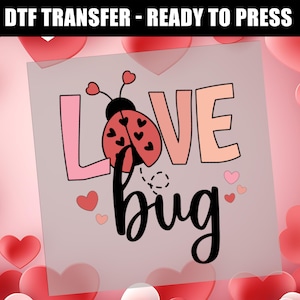 May include: A pink and red design with the words "Love Bug" and a cartoon ladybug. The design is perfect for a Valentine's Day craft.