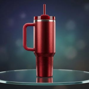 Puede incluir: Un vaso t&eacute;rmico rojo con asa y pajita. El vaso tiene un borde de acero inoxidable y una tapa roja a juego. El vaso est&aacute; sobre una superficie de vidrio.