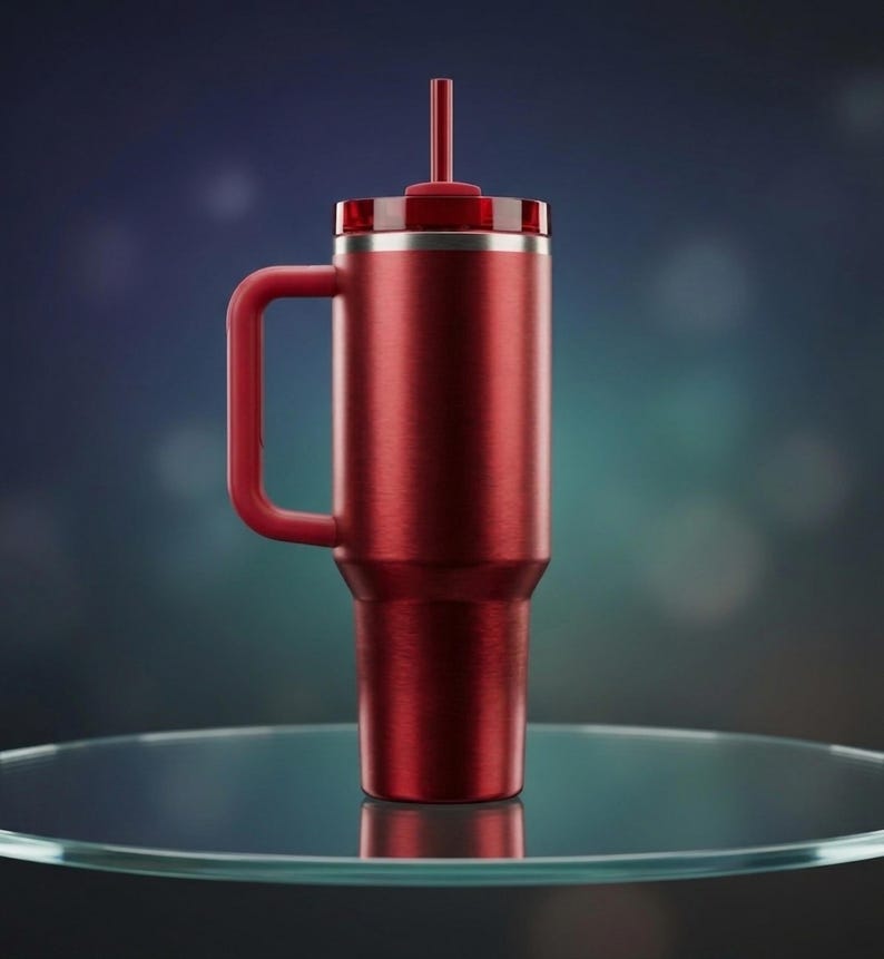 Puede incluir: Un vaso t&eacute;rmico rojo con asa y pajita. El vaso tiene un borde de acero inoxidable y una tapa roja a juego. El vaso est&aacute; sobre una superficie de vidrio.