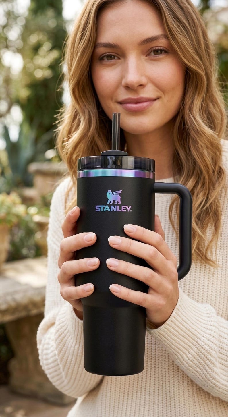Puede incluir: Un vaso Stanley negro con asa y pajita. El vaso tiene una tapa negra con detalles iridiscentes y el logotipo de Stanley. La persona sostiene el vaso.