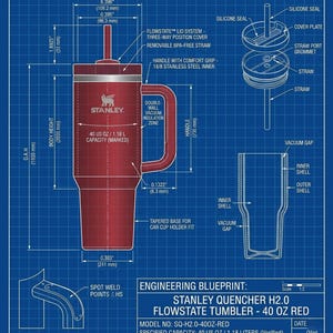 Puede incluir: Plano de un vaso Stanley Quencher H2.0 Flowstate rojo. Incluye una tapa de tres posiciones, pajita extra&iacute;ble y asa. El vaso tiene una capacidad de 1,18 litros y mide 211 mm de ancho.
