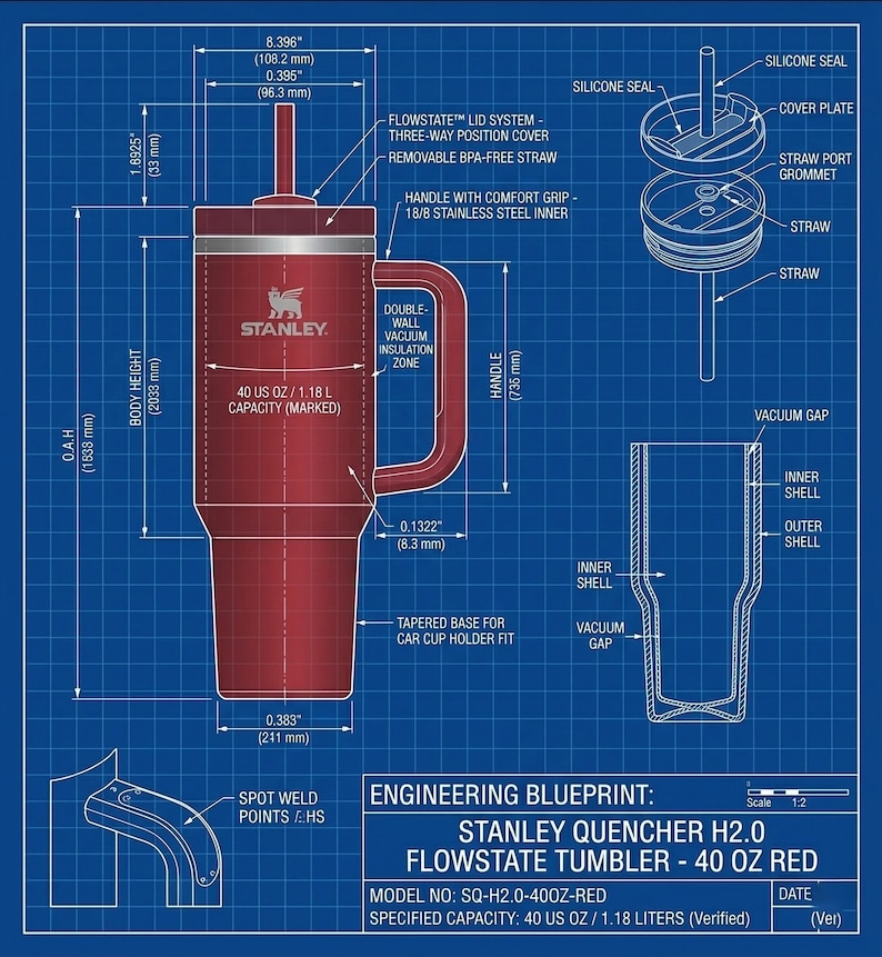 Puede incluir: Plano de un vaso Stanley Quencher H2.0 Flowstate rojo. Incluye una tapa de tres posiciones, pajita extra&iacute;ble y asa. El vaso tiene una capacidad de 1,18 litros y mide 211 mm de ancho.