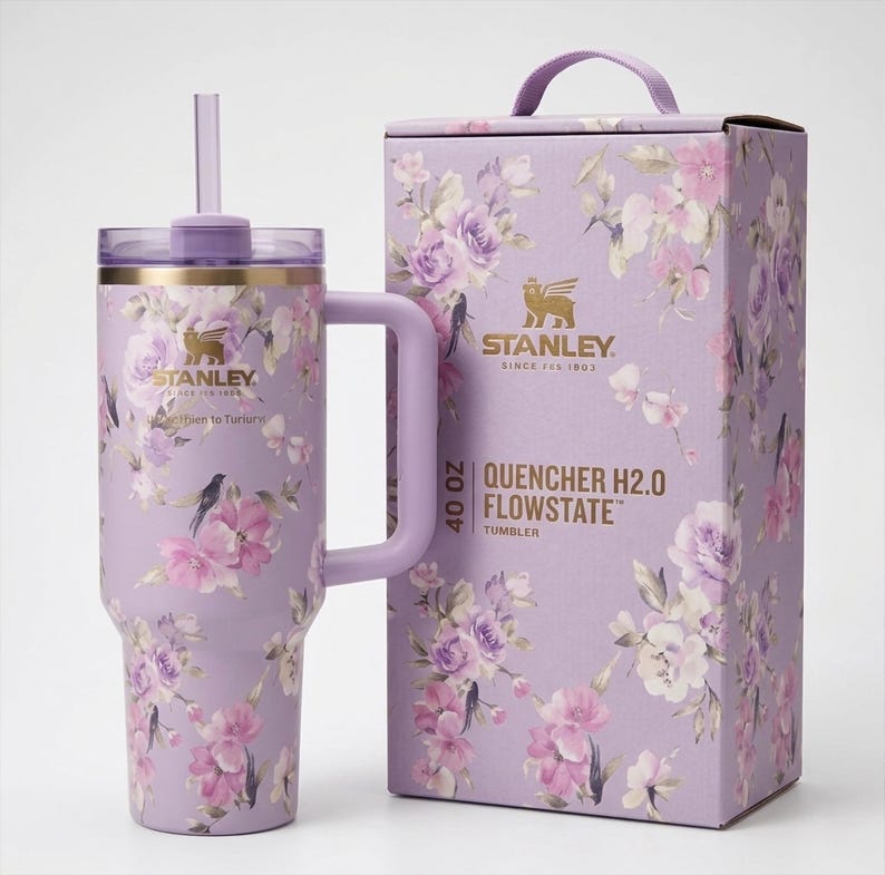 May include: A 40 oz Stanley Quencher H2.0 Flowstate tumbler and matching box. The tumbler and box are lavender with a floral pattern in pink, purple, and white. The tumbler has a handle and straw.