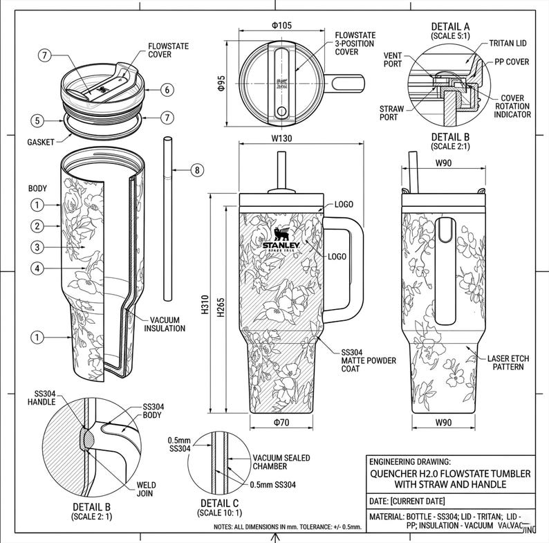 Stanley style 40oz Quencher Tumbler – Lavender Lilac Floral Birds Travel Mug image 2