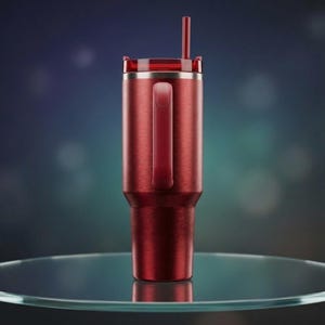 Puede incluir: Un vaso t&eacute;rmico rojo con asa y pajita. El vaso tiene un acabado de metal cepillado y una tapa transparente. El asa est&aacute; integrada en el dise&ntilde;o. El vaso est&aacute; sobre una superficie de vidrio.