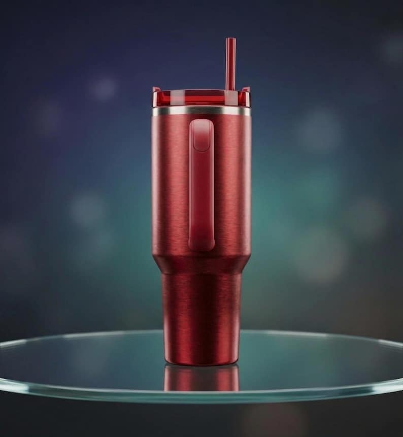 Puede incluir: Un vaso t&eacute;rmico rojo con asa y pajita. El vaso tiene un acabado de metal cepillado y una tapa transparente. El asa est&aacute; integrada en el dise&ntilde;o. El vaso est&aacute; sobre una superficie de vidrio.