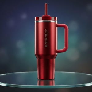 Puede incluir: Un vaso t&eacute;rmico Stanley rojo con asa y pajita. El vaso tiene un borde plateado y el logotipo de Stanley es visible. El vaso est&aacute; sobre una superficie de vidrio.