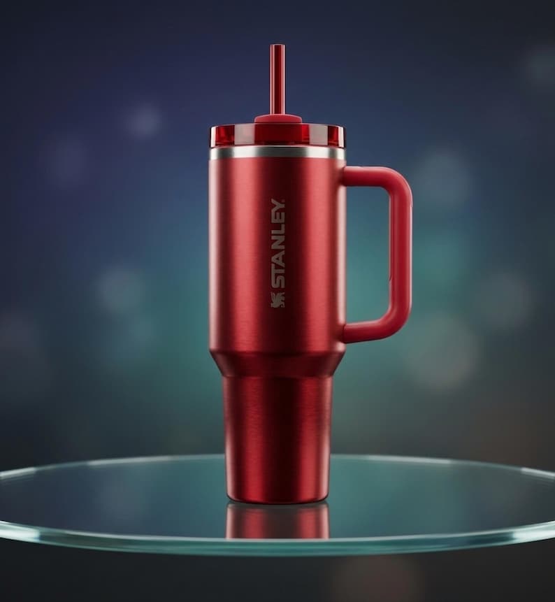 Puede incluir: Un vaso t&eacute;rmico Stanley rojo con asa y pajita. El vaso tiene un borde plateado y el logotipo de Stanley es visible. El vaso est&aacute; sobre una superficie de vidrio.