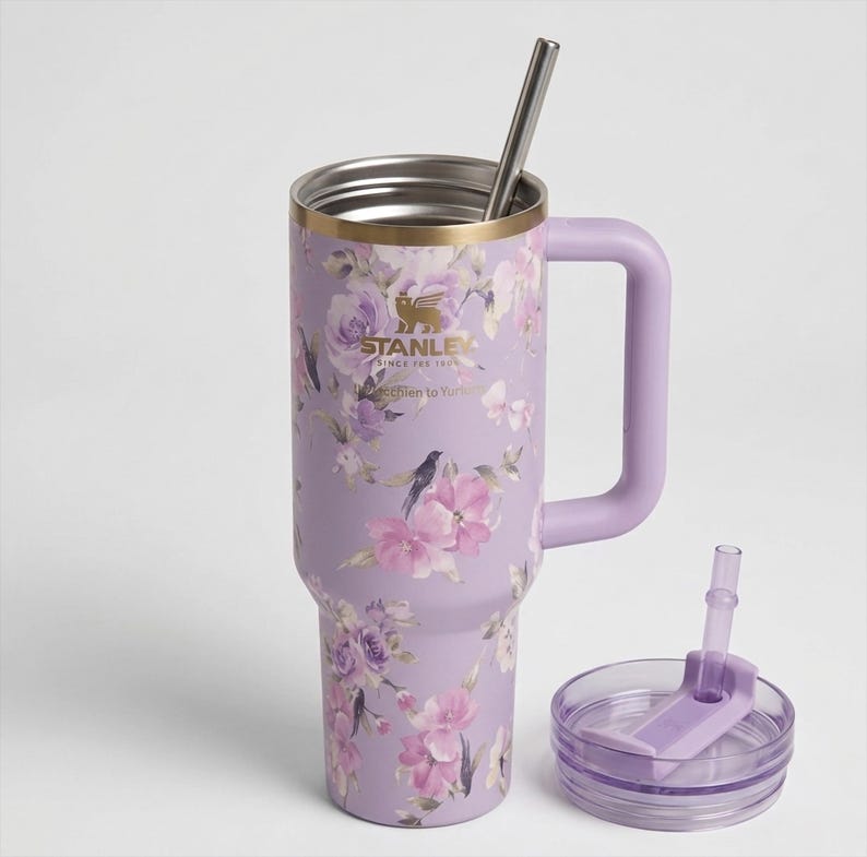 Stanley style 40oz Quencher Tumbler – Lavender Lilac Floral Birds Travel Mug image 6