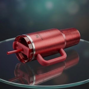 Puede incluir: Un vaso t&eacute;rmico rojo con asa y tapa transparente con pajita roja. El vaso tiene un borde de acero inoxidable y un acabado texturizado. El logotipo de Stanley es visible en el lateral. El vaso est&aacute; sobre una superficie de vidrio.