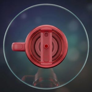 Puede incluir: Una tapa roja para botella de agua con cierre abatible y asa. La tapa es circular y tiene una serie de anillos conc&eacute;ntricos. La botella es de vidrio transparente.