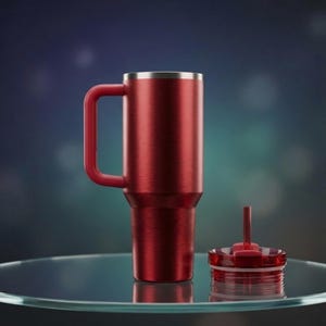 Puede incluir: Un vaso t&eacute;rmico rojo con asa y borde plateado. El vaso se muestra con su tapa, que tiene una pajita y un borde rojo. El vaso est&aacute; sobre una superficie de vidrio.