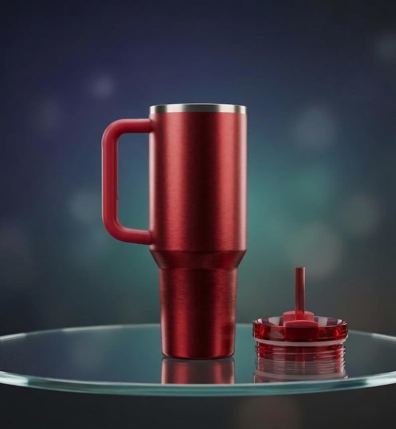 Puede incluir: Un vaso t&eacute;rmico rojo con asa y borde plateado. El vaso se muestra con su tapa, que tiene una pajita y un borde rojo. El vaso est&aacute; sobre una superficie de vidrio.