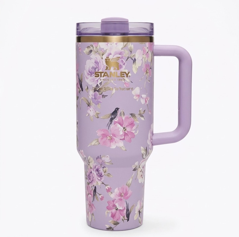 Stanley style 40oz Quencher Tumbler – Lavender Lilac Floral Birds Travel Mug image 3