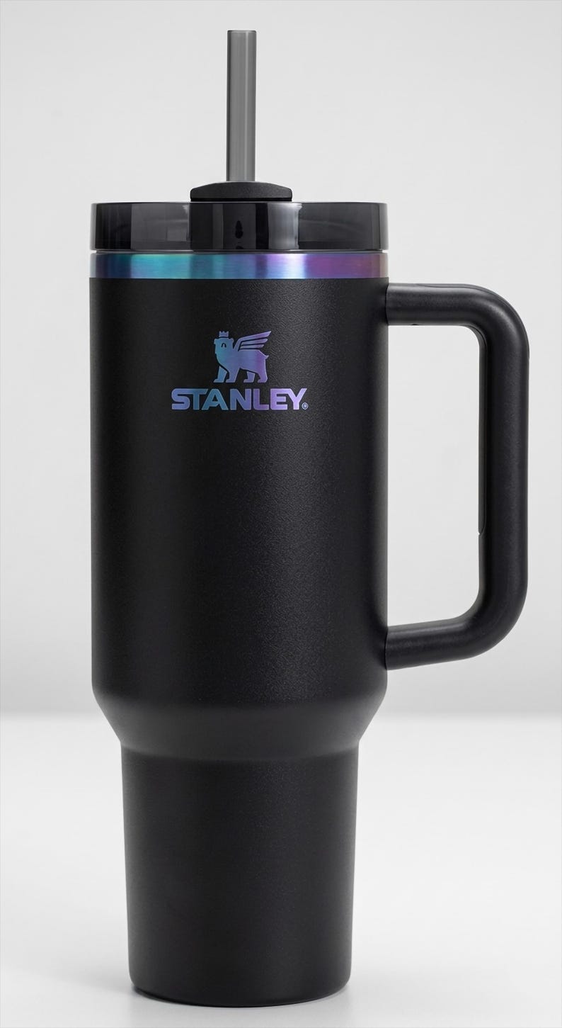 Puede incluir: Vaso Stanley negro con asa y pajita. El vaso tiene una tapa negra y una banda iridiscente alrededor de la parte superior. El logotipo de Stanley est&aacute; impreso en colores iridiscentes en la parte delantera del vaso.