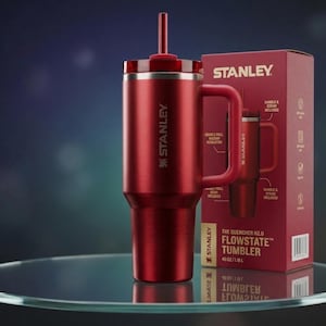 Puede incluir: Un vaso Stanley Flowstate rojo con asa y pajita, junto a su caja. La caja muestra el logotipo de Stanley y los detalles del producto. El vaso es de 1,18 L.
