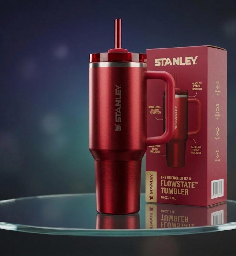 Puede incluir: Un vaso Stanley Flowstate rojo con asa y pajita, junto a su caja. La caja muestra el logotipo de Stanley y los detalles del producto. El vaso es de 1,18 L.