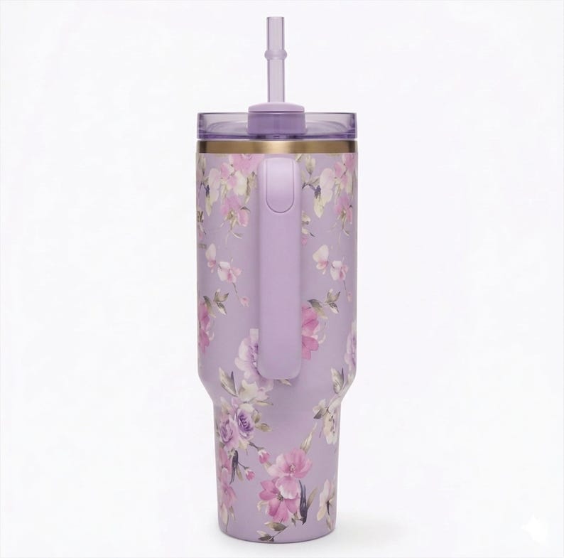 Stanley style 40oz Quencher Tumbler – Lavender Lilac Floral Birds Travel Mug image 9