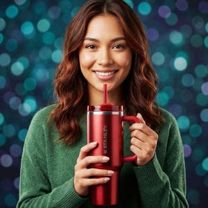 Puede incluir: Un vaso t&eacute;rmico rojo con asa y pajita. El vaso tiene la palabra "STANLEY" impresa en el lateral. La persona de la imagen sostiene el vaso y bebe de &eacute;l. El fondo es un bokeh borroso de luces azules y verdes.