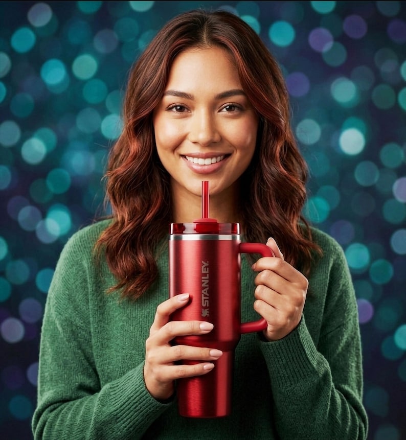 Puede incluir: Un vaso t&eacute;rmico rojo con asa y pajita. El vaso tiene la palabra "STANLEY" impresa en el lateral. La persona de la imagen sostiene el vaso y bebe de &eacute;l. El fondo es un bokeh borroso de luces azules y verdes.