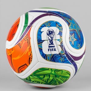 May include: A colorful soccer ball with a white base and panels of orange, blue, green, and purple. The ball features the FIFA logo and star patterns. The design is a mix of geometric shapes and abstract patterns.