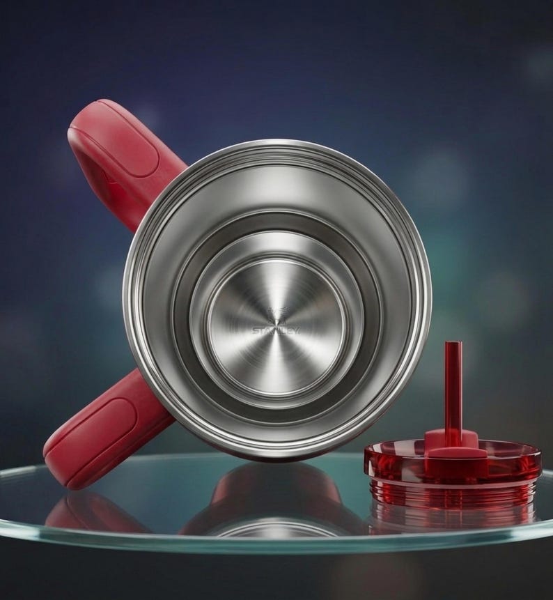 Puede incluir: Un termo de viaje de acero inoxidable con asa y tapa rojas. El termo tiene una abertura ancha y un interior texturizado. La tapa roja est&aacute; separada y tiene una peque&ntilde;a pieza cil&iacute;ndrica roja.