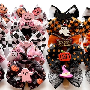 Halloween Dog Bows | Girly + Classic Halloween Ribbon Bow Bundle | Grooming Bows | Small Dog Bows | Halloween Pet Accessories