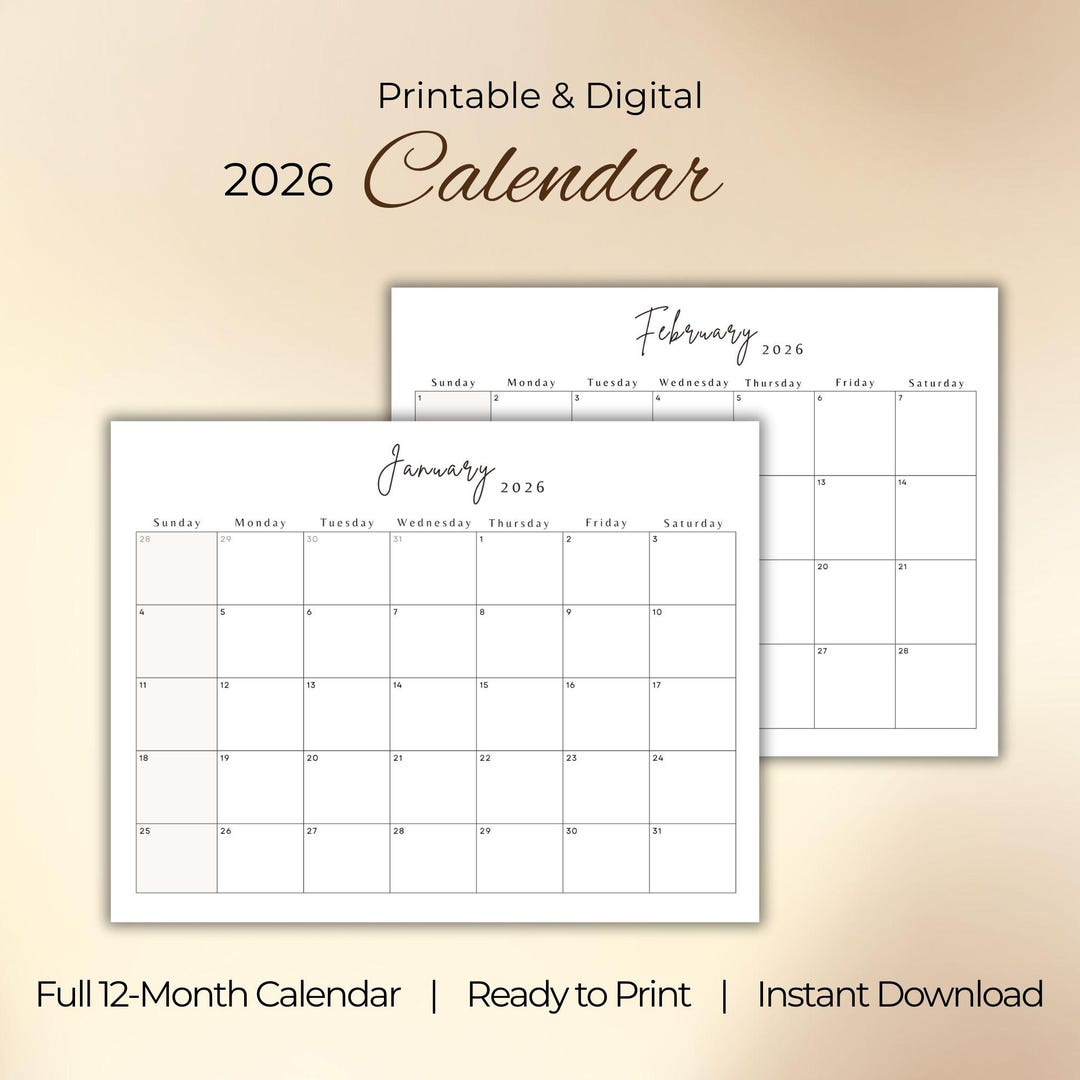2026 Minimalist Calendar – Printable Monthly Planner (PDF, Letter/a4 ...