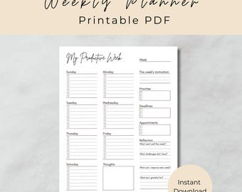 Planificador semanal minimalista imprimible / Planificador digital PDF / Plantilla de productividad simple / Tamaño A4 y carta / Descarga instantánea